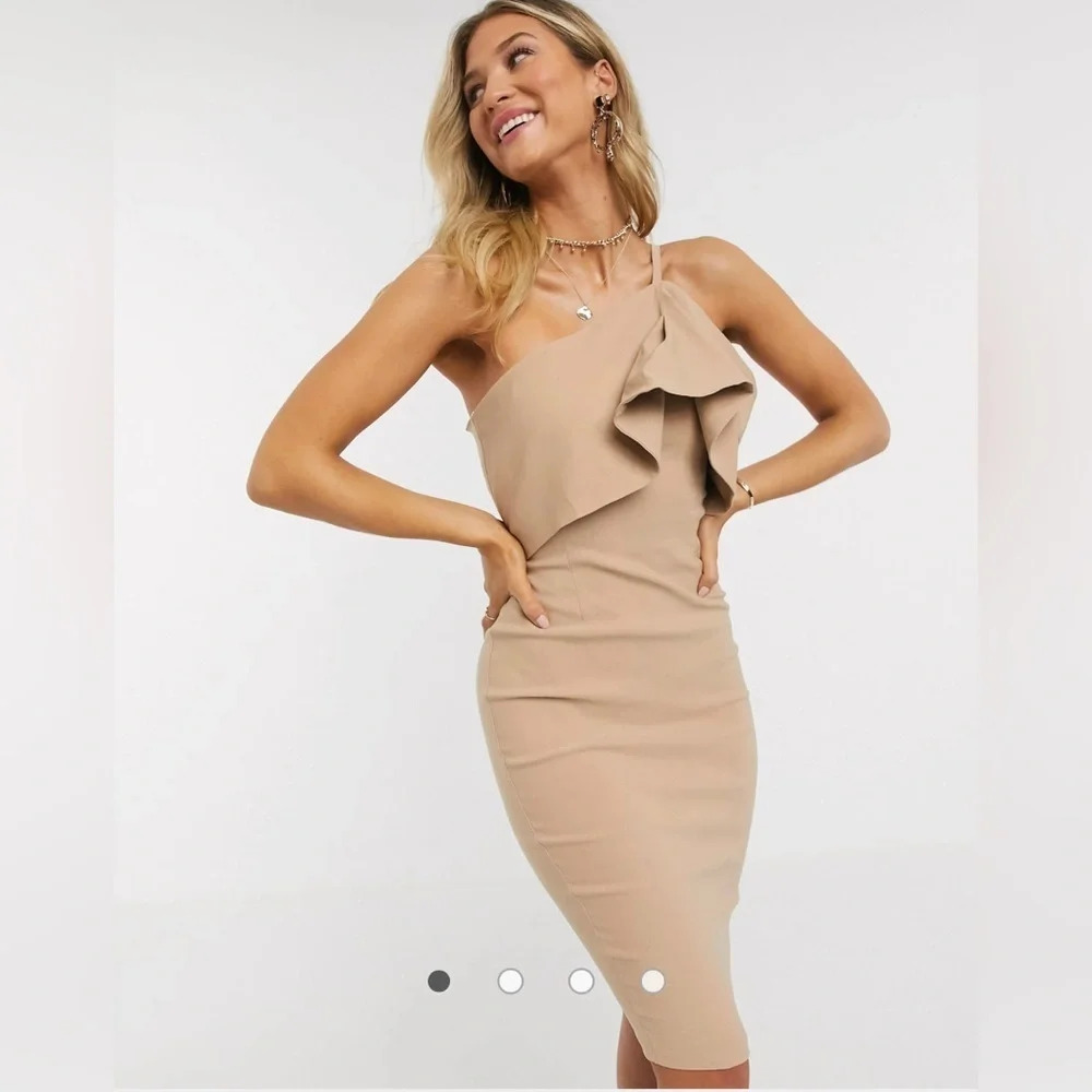 Vesper One‎ Shoulder Overlay Midi Dress In Taupe Size 16
